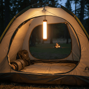 Rechargeable LED camping lantern hanging inside a tent, providing warm light with camping gear visible.