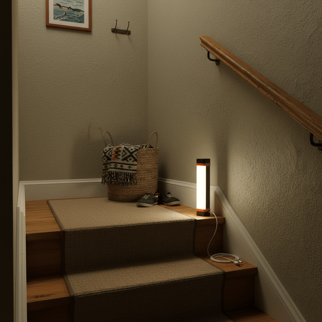 Rechargeable LED camping lantern illuminating a staircase, with a basket and shoes nearby.