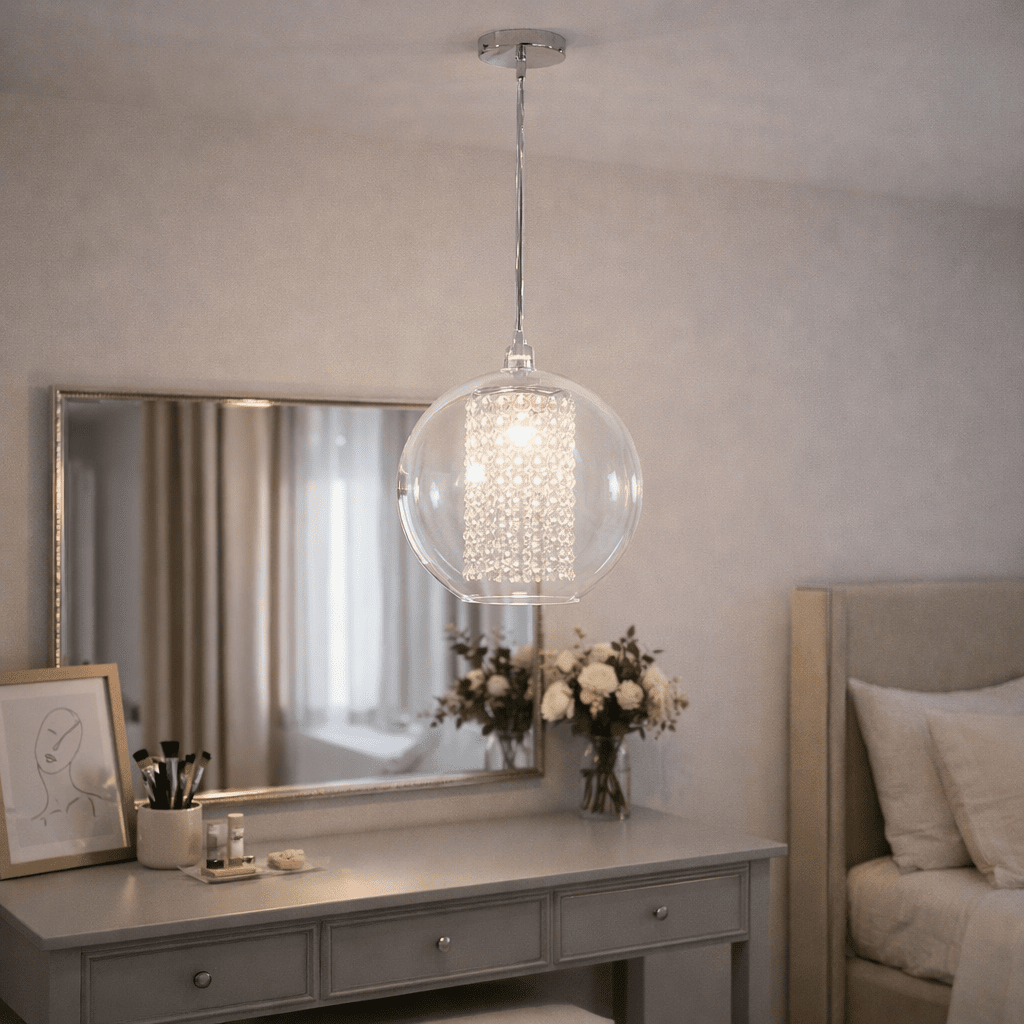 Polished Chrome Pendant with Clear Acrylic Cover and Acrylic Crystals