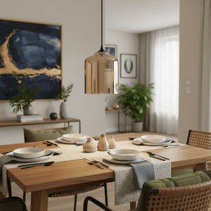 Amber bell jar pendant light hanging above a dining table set with plates and cutlery.
