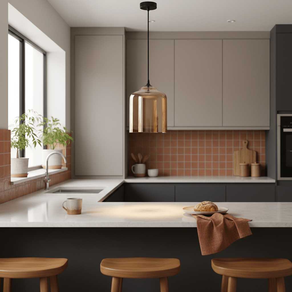 Amber bell jar glass pendant light hanging over a modern kitchen island with wooden stools and a marble countertop.