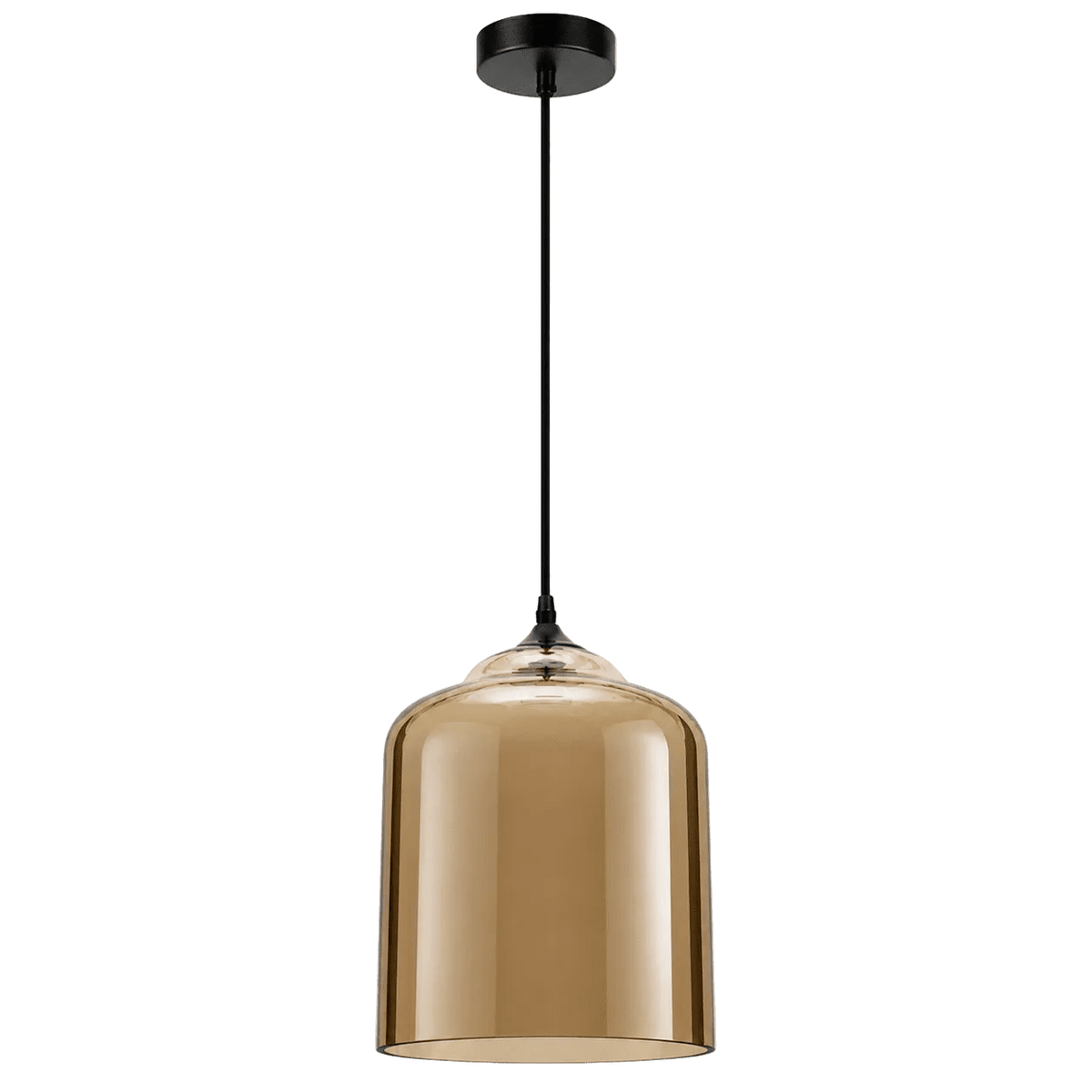 Amber glass pendant light with a rounded bell shape, suspended from a black cord and ceiling mount.