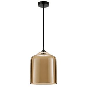 Amber glass pendant light with a rounded bell shape, suspended from a black cord and ceiling mount.