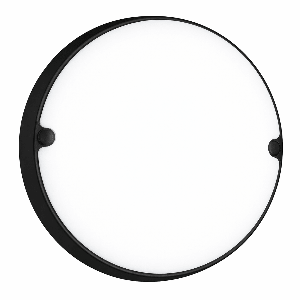 Round ceiling light fixture with black frame on a white background