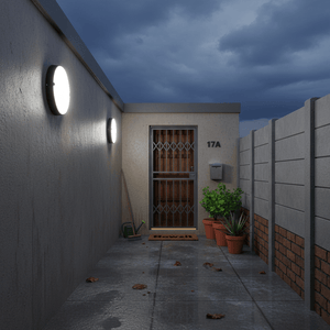 Round ceiling light fixture with black frame on a white background