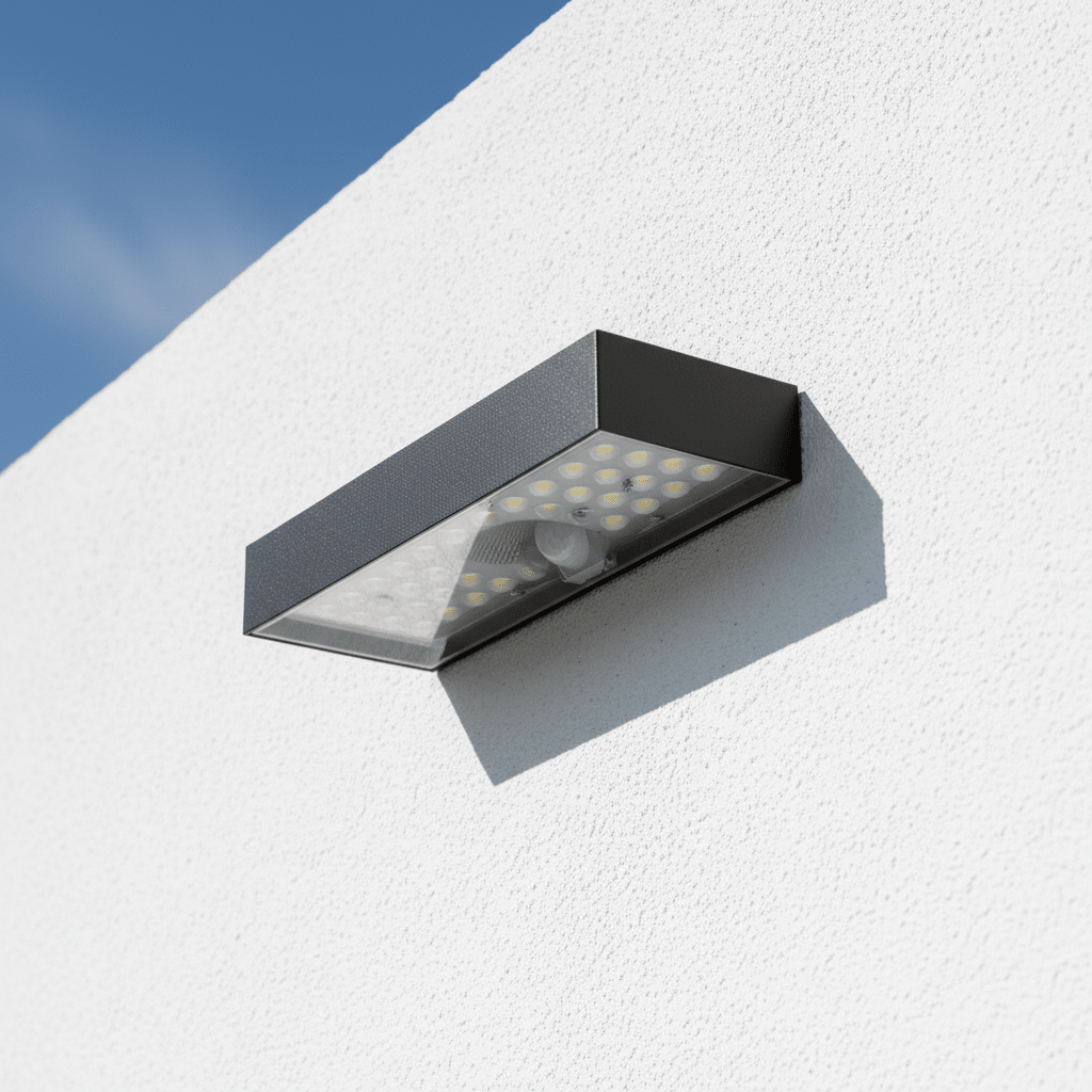 Close-up of the Sunmite Solar Wall Light mounted on a white wall, showcasing its sleek design and motion sensor.