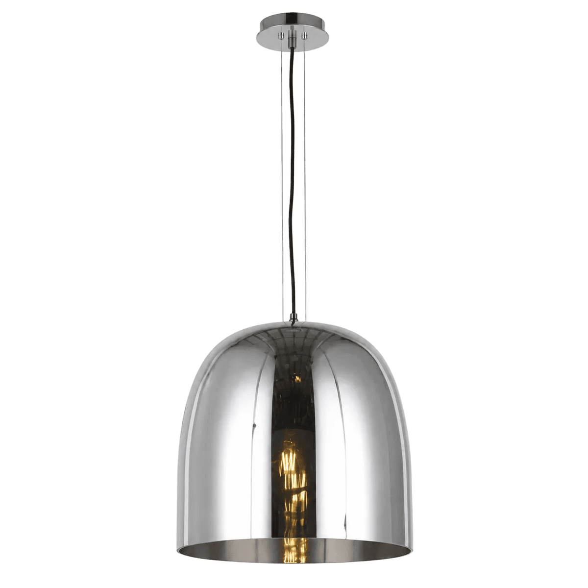 A chrome dome pendant light hangs from a ceiling mount, featuring a visible filament bulb inside.