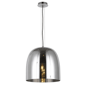 A chrome dome pendant light hangs from a ceiling mount, featuring a visible filament bulb inside.