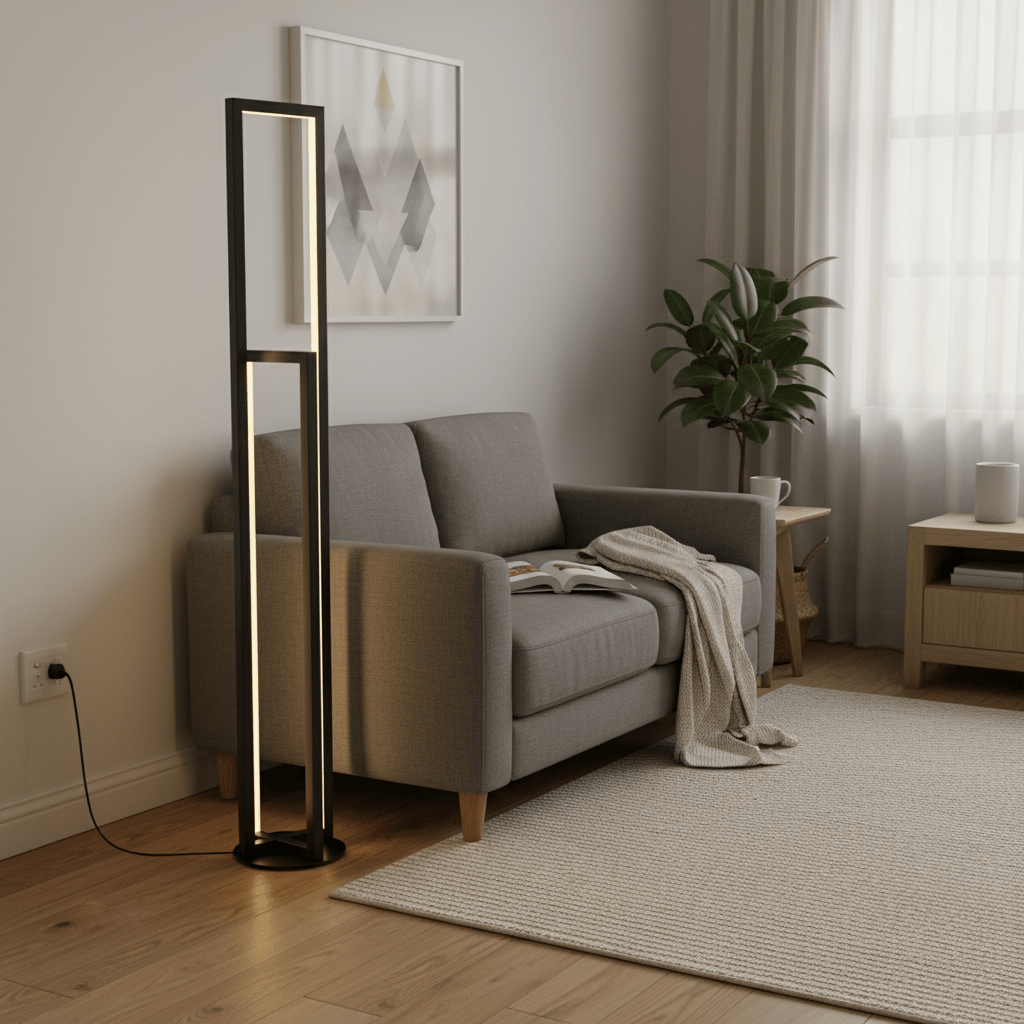 Modern black LED floor lamp beside a grey sofa in a cozy living room setting.