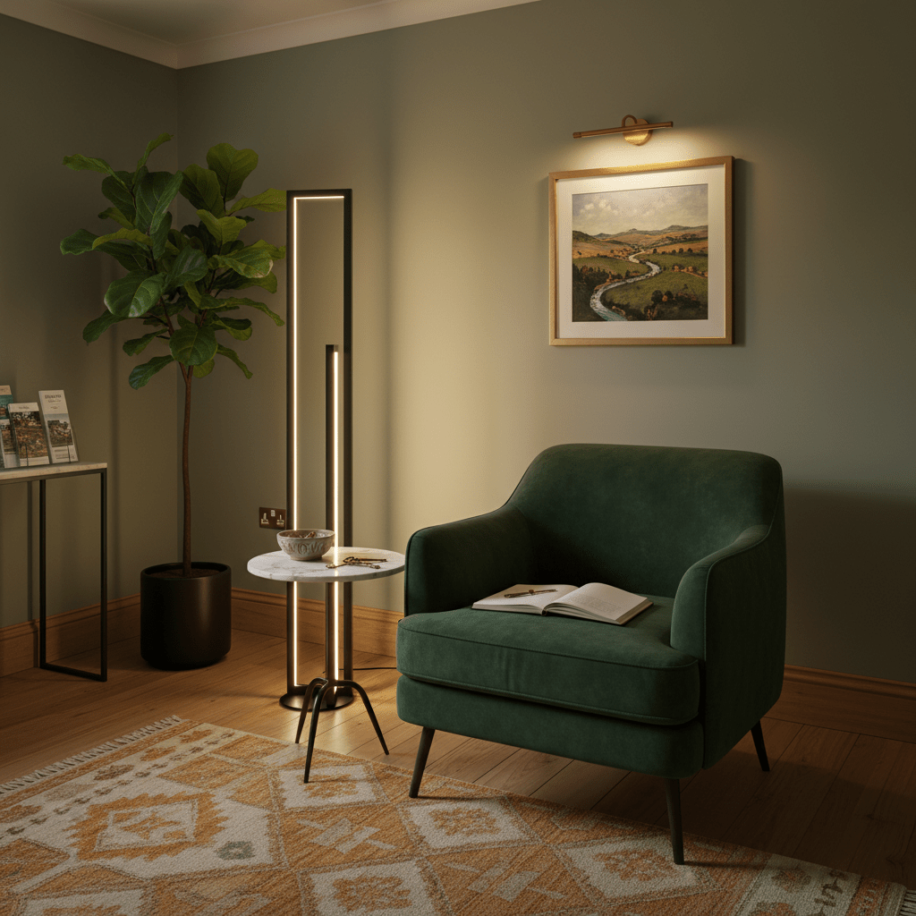 Modern black LED floor lamp beside a green armchair in a cozy living room setting.