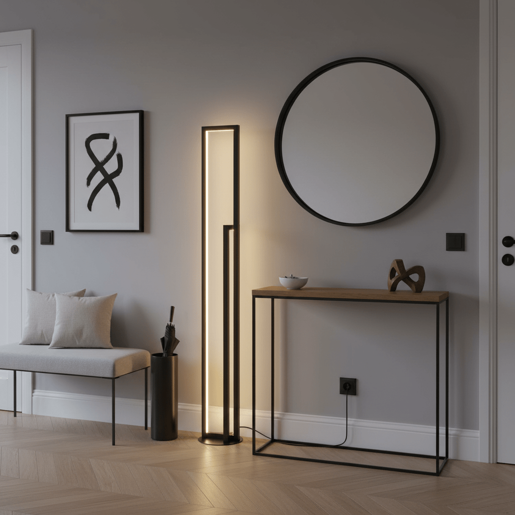 Modern Enigma Black LED Floor Lamp beside a minimalist console table in a stylish living room setting.