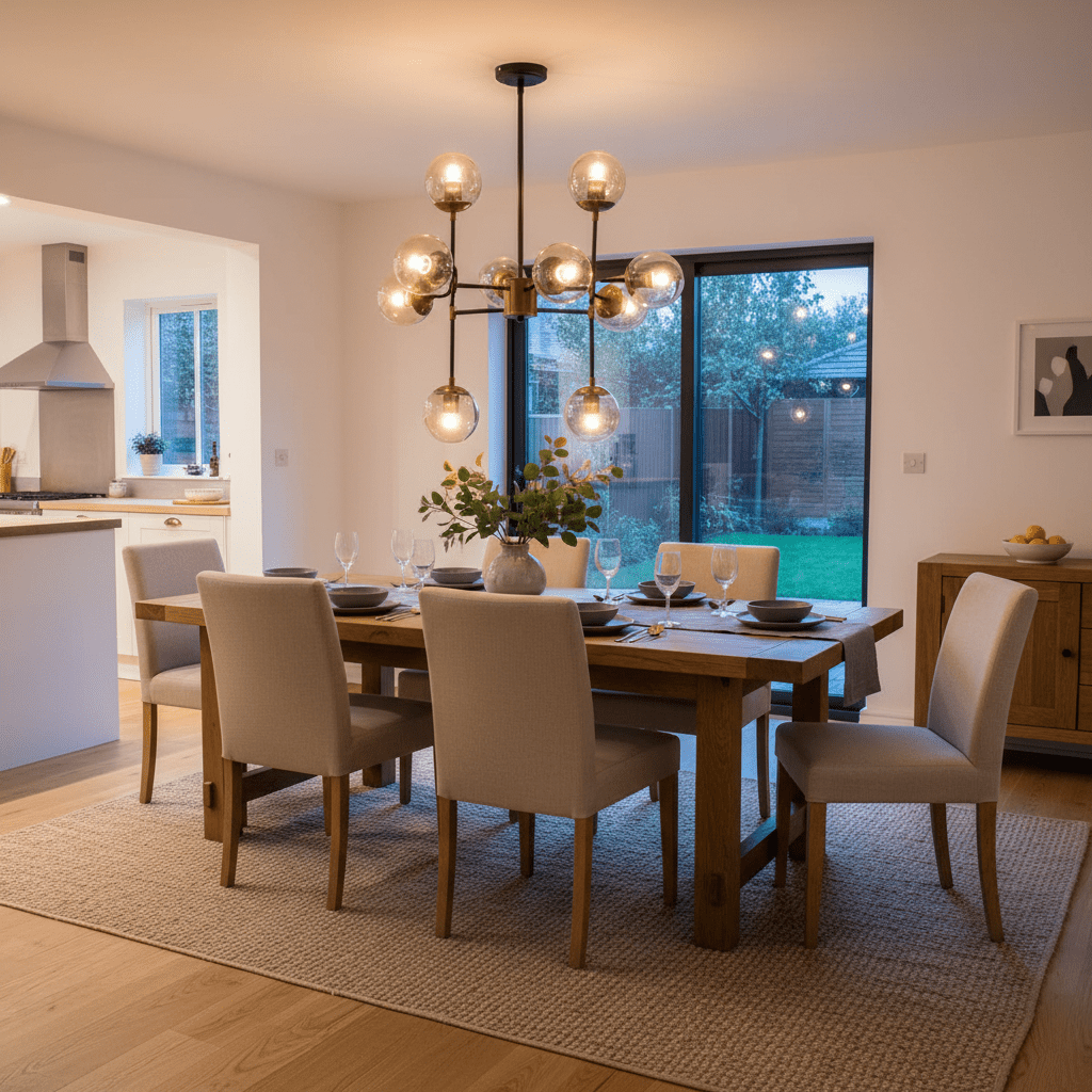Elegant black and bronze chandelier illuminating a modern dining room with a wooden table and soft seating.