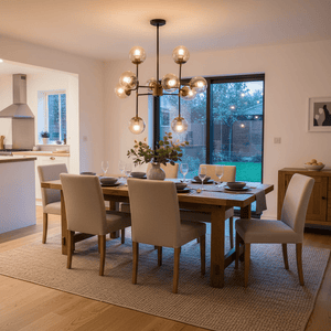 Elegant black and bronze chandelier illuminating a modern dining room with a wooden table and soft seating.