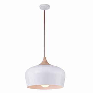 White scandinavian pendant light with wooden base on a white background