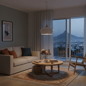 Scandinavian-style pendant light hanging over a cozy living room setting with a sofa and coffee table.