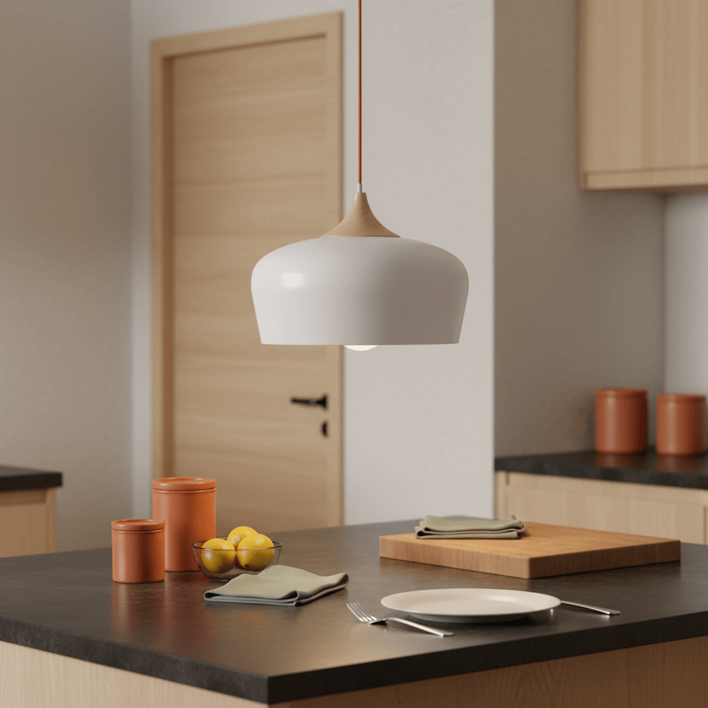 Scandinavian-style white pendant light hanging over a kitchen island with fruit and tableware.