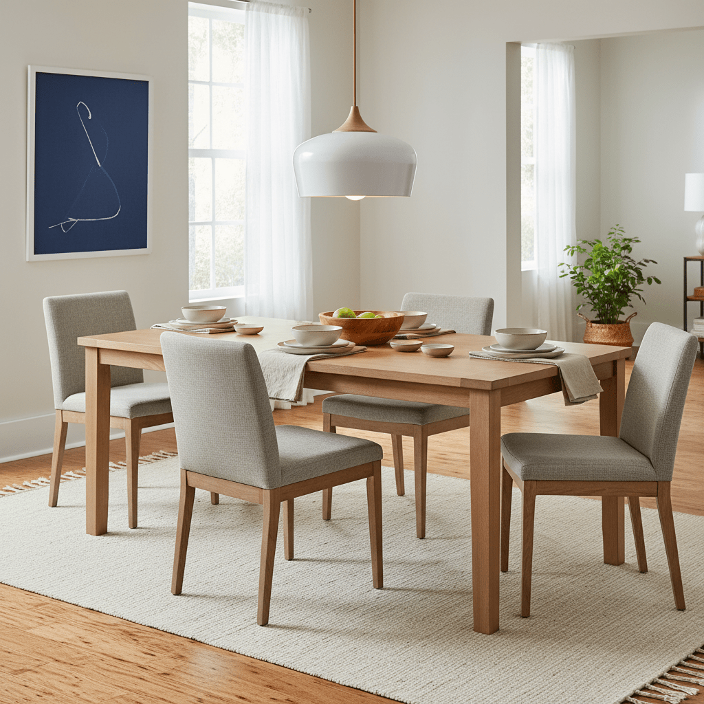 Scandinavian-style pendant light hanging above a wooden dining table set with dishes and a bowl of fruit.