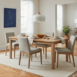 Scandinavian-style pendant light hanging above a wooden dining table set with dishes and a bowl of fruit.