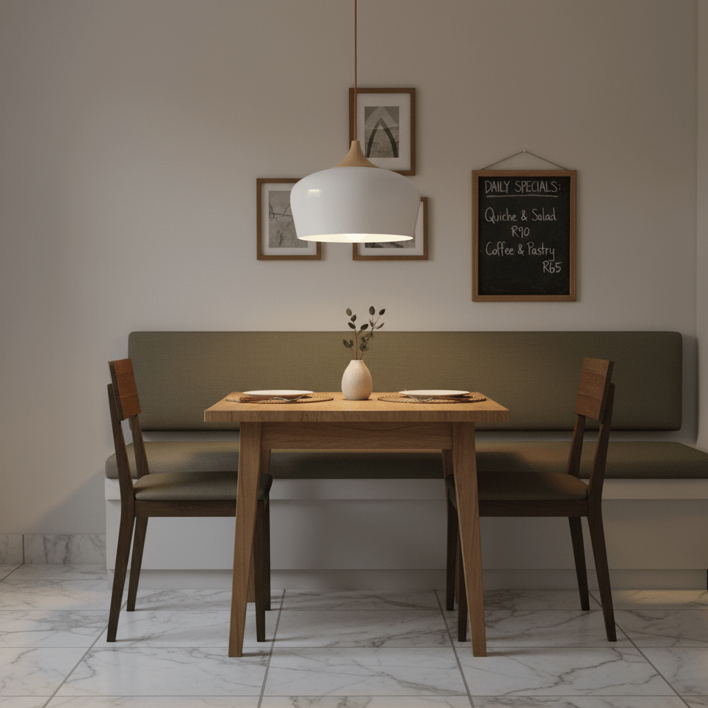 Scandinavian-style pendant light above a wooden dining table with green bench seating and decorative vase.