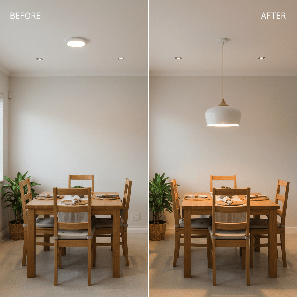 Before and after comparison of a dining area with a pendant light, showcasing improved ambiance.