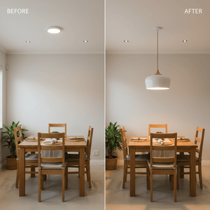 Before and after comparison of a dining area with a pendant light, showcasing improved ambiance.