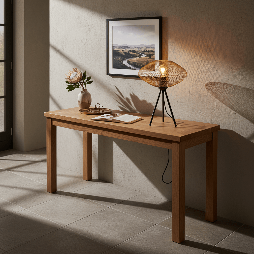 Gold mesh table lamp on a wooden console table with a vase and an open notebook.