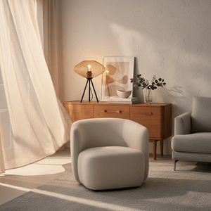 Gold mesh table lamp on a wooden console, with a cozy chair and decor elements in a stylish living room.