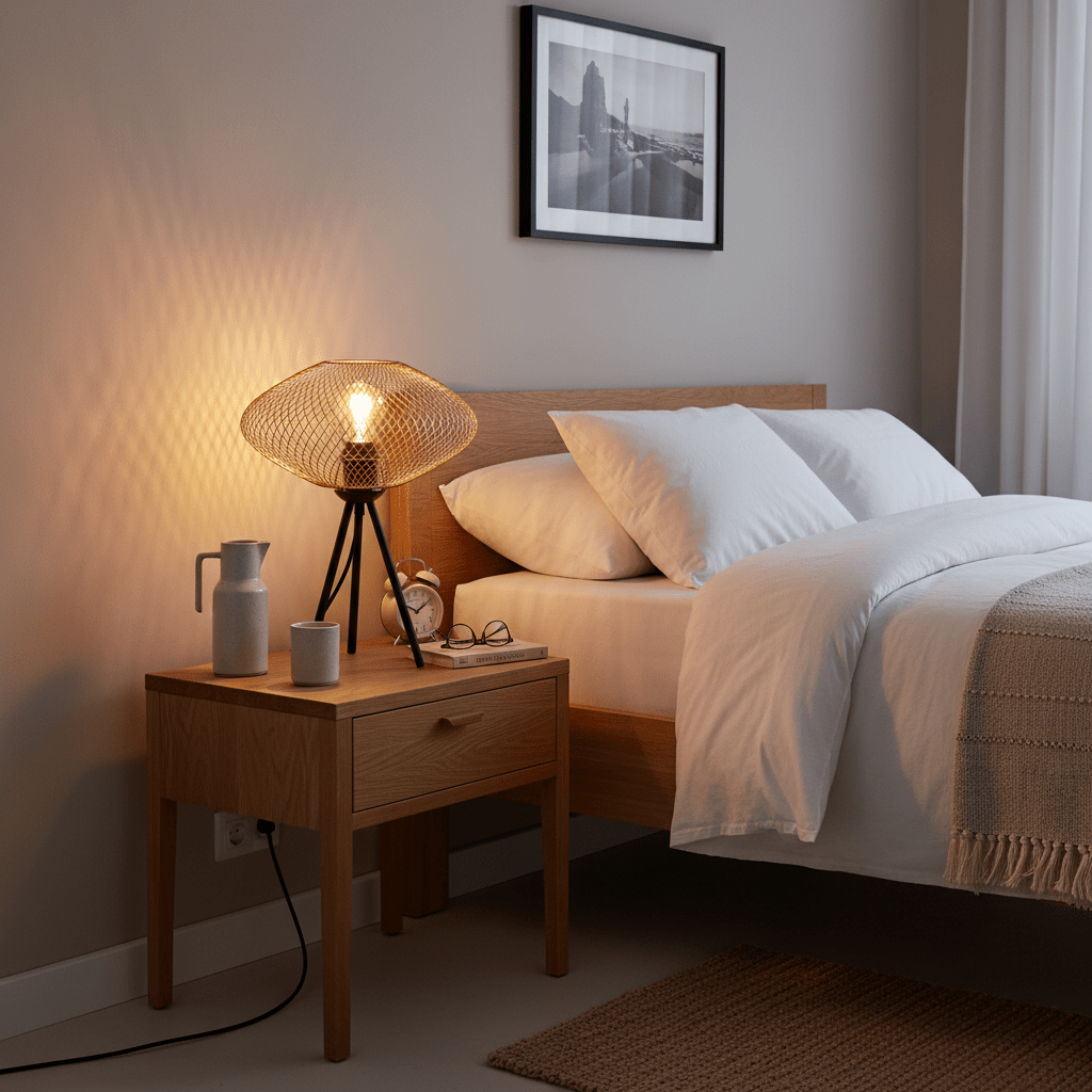 Gold mesh table lamp on a bedside table, casting a warm glow in a cozy bedroom setting.