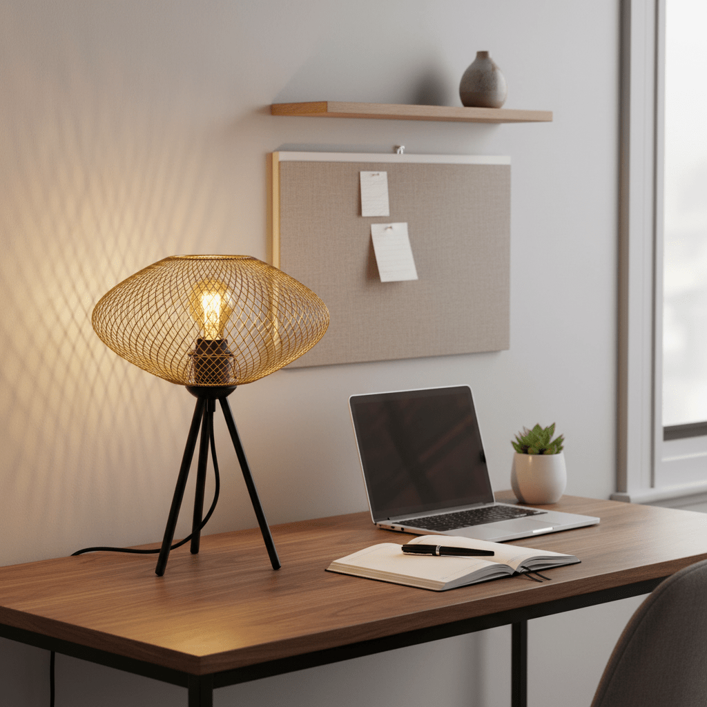 Gold mesh table lamp on a wooden desk, illuminating a laptop and notebook, with a wall shelf in the background.