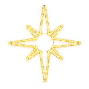 LED Christmas lights in a shining star motif, glowing warm white against a white background.