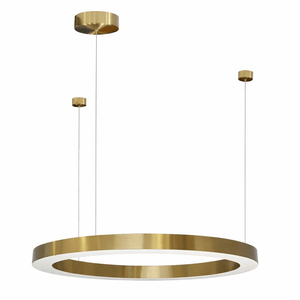 Gold circular LED pendant light with three suspension wires against a white background.
