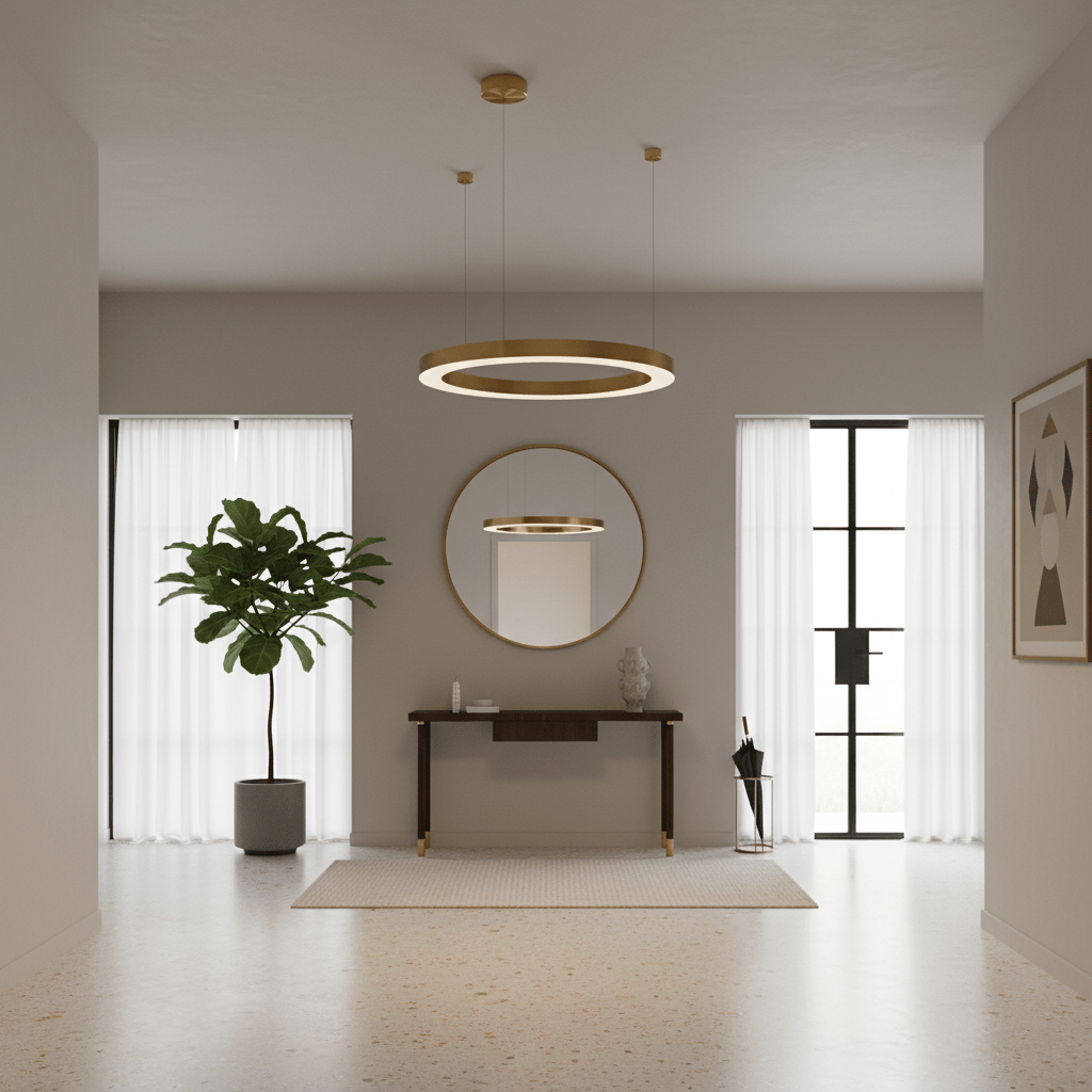 Gold halo pendant light suspended above a console table in a modern entrance hall.