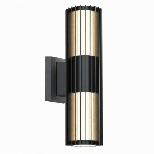 Modern outdoor wall light fixture with black and gold design on a white background