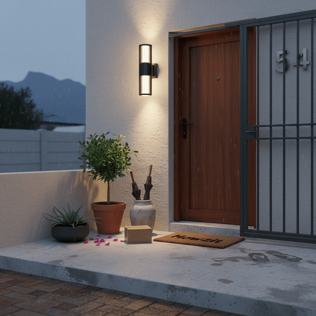 Modern outdoor wall light fixture with black and gold design on a white background