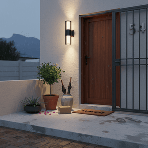 Modern outdoor wall light fixture with black and gold design on a white background