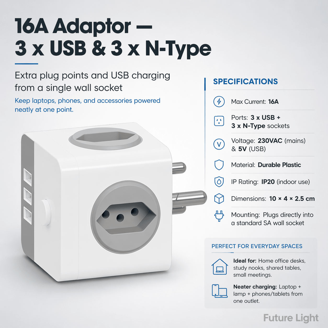16A Adaptor - 3 x USB & 3 x N-Type