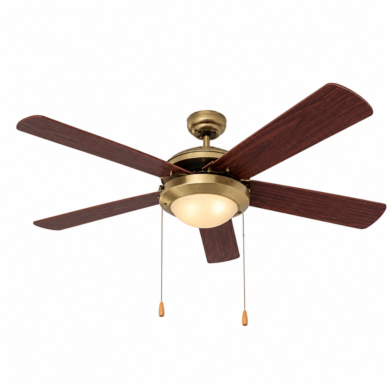 Ceiling fan with wooden blades and brass finish on a white background
