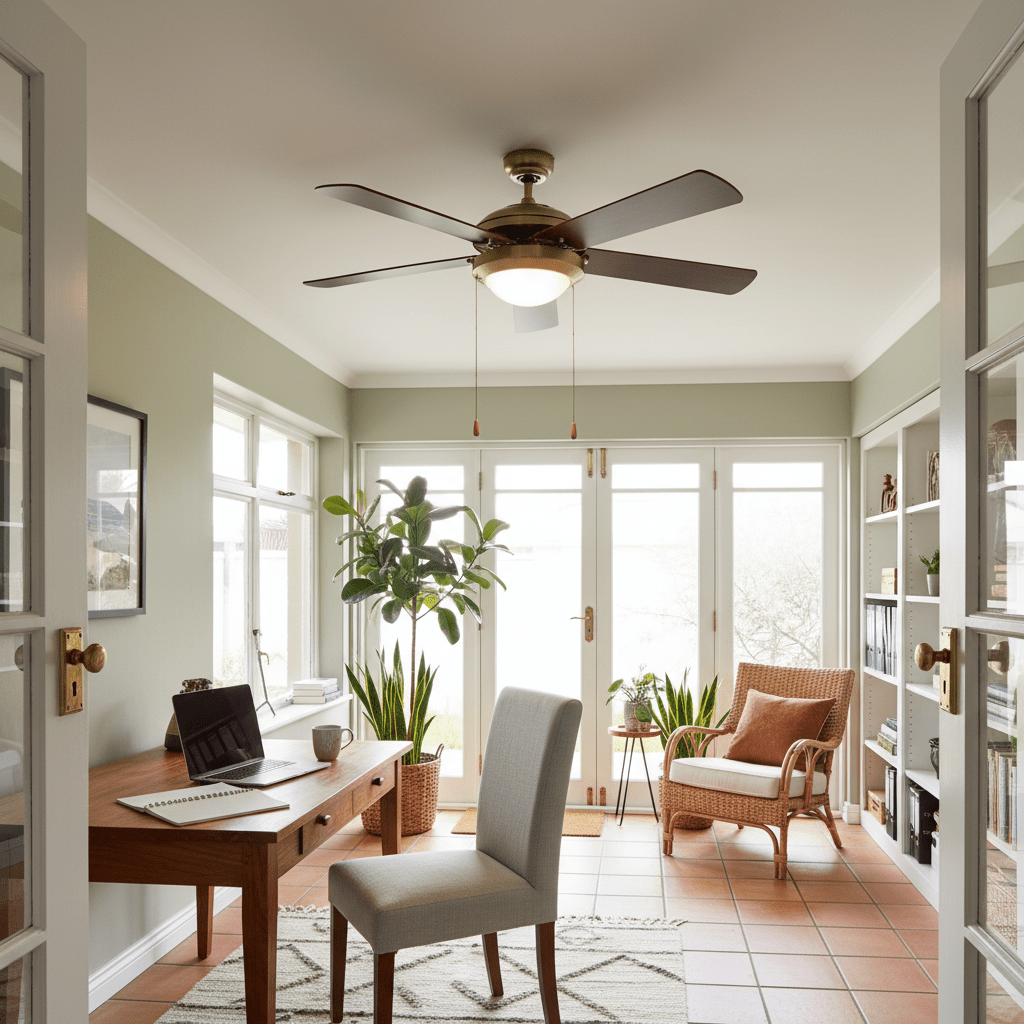 Antique brass ceiling fan with five blades and light, installed in a stylish indoor space with plants and furniture.