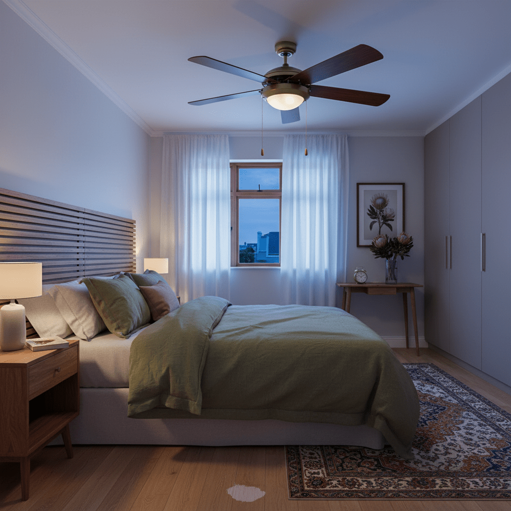 Antique brass ceiling fan with five blades in a cozy bedroom setting, softly illuminating the space.