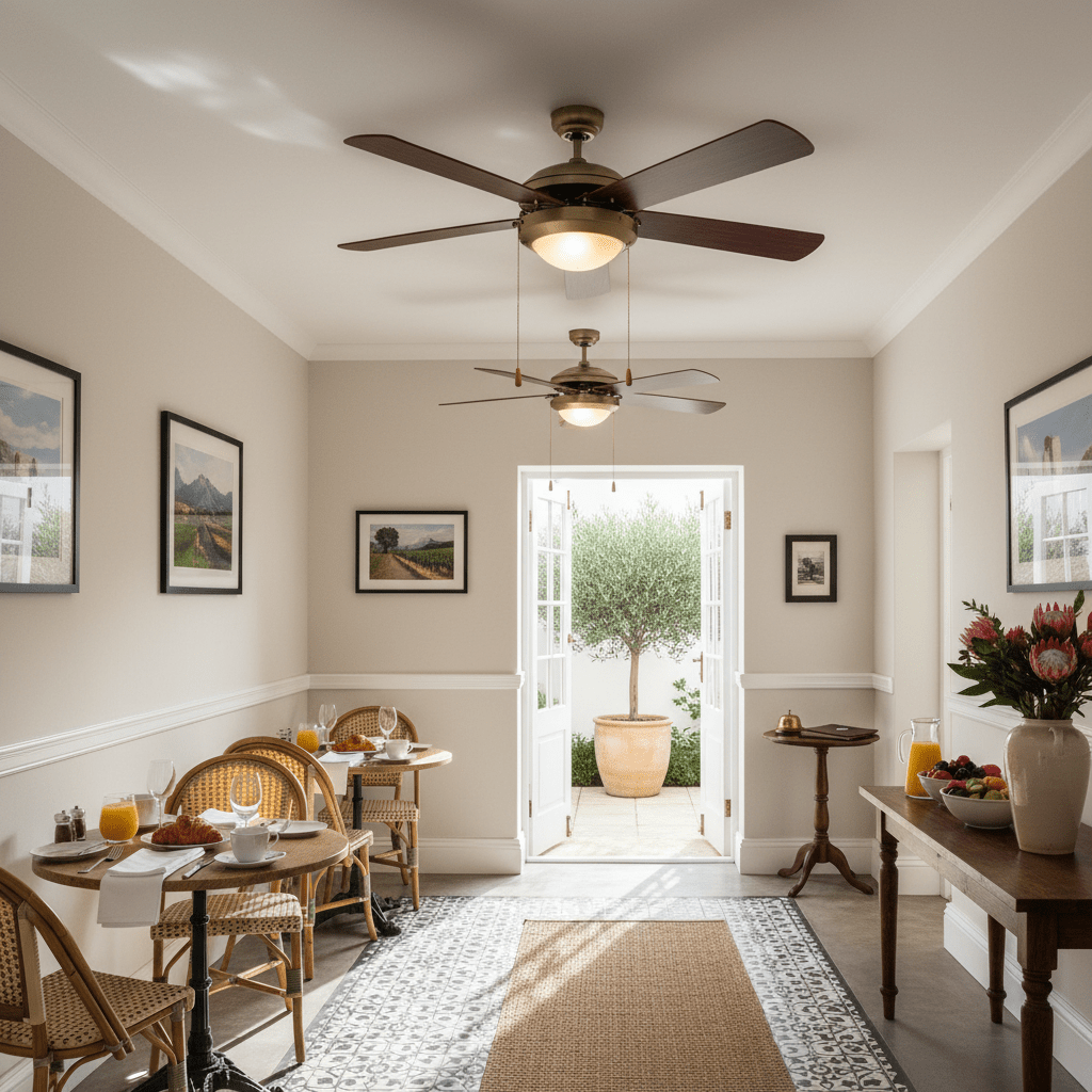 Antique brass ceiling fan with five blades in a bright dining area, enhancing the space's ambiance.