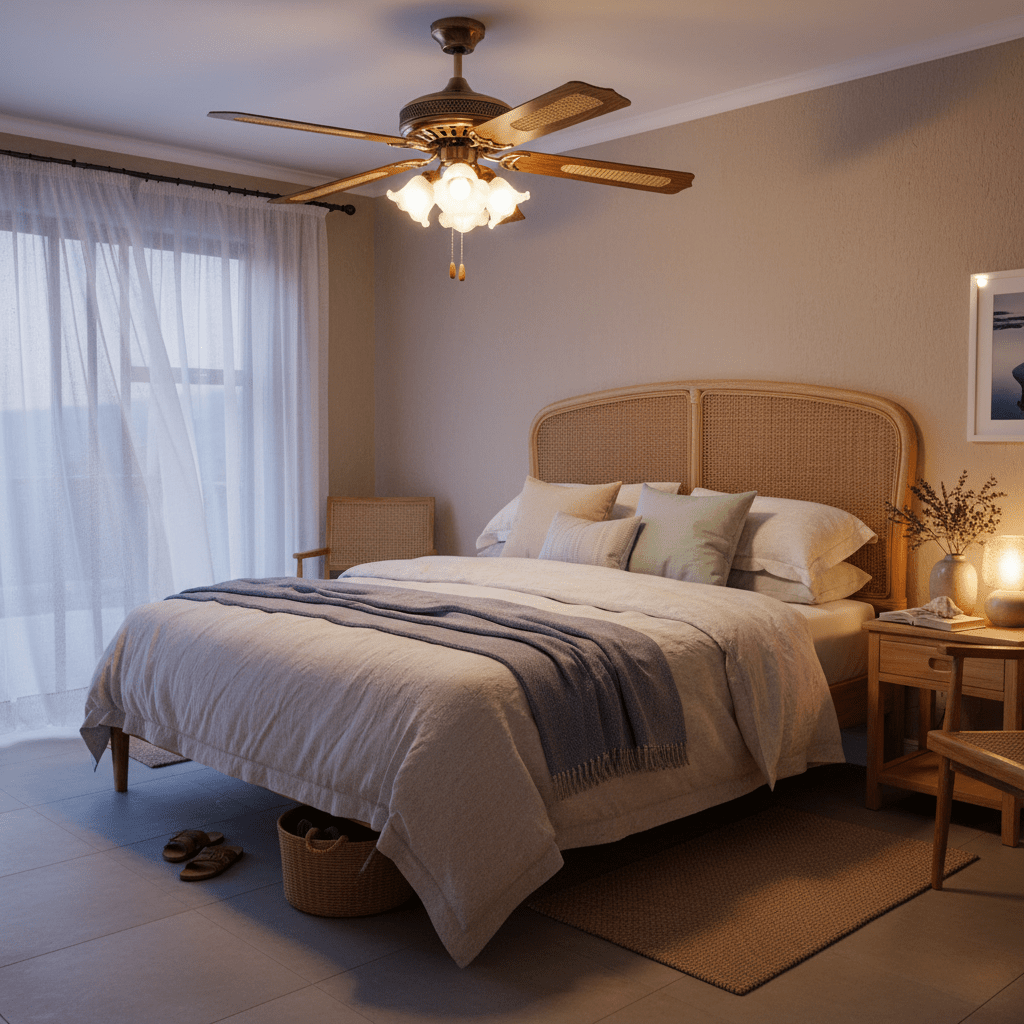 Rattan Ceiling Fan with Light Antique Brass