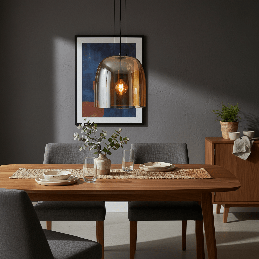 Amber glass dome pendant light hanging above a wooden dining table set with plates and glasses.