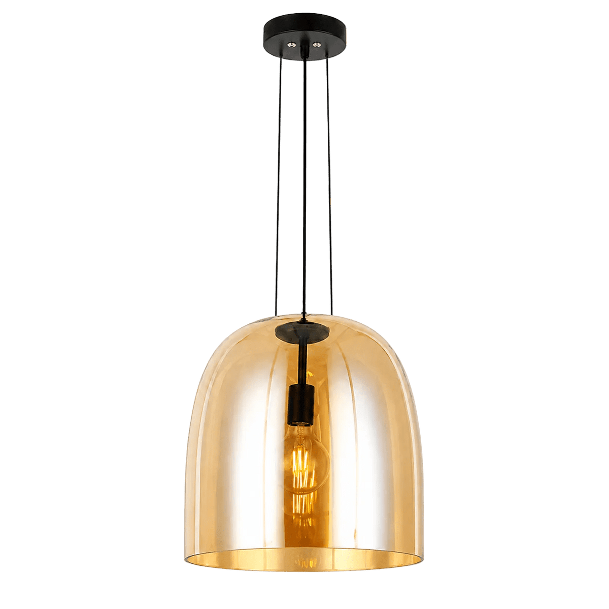 Amber dome pendant light with a glossy finish, suspended from a black ceiling mount by two cords.