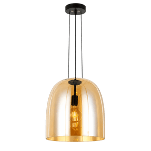 Amber dome pendant light with a glossy finish, suspended from a black ceiling mount by two cords.