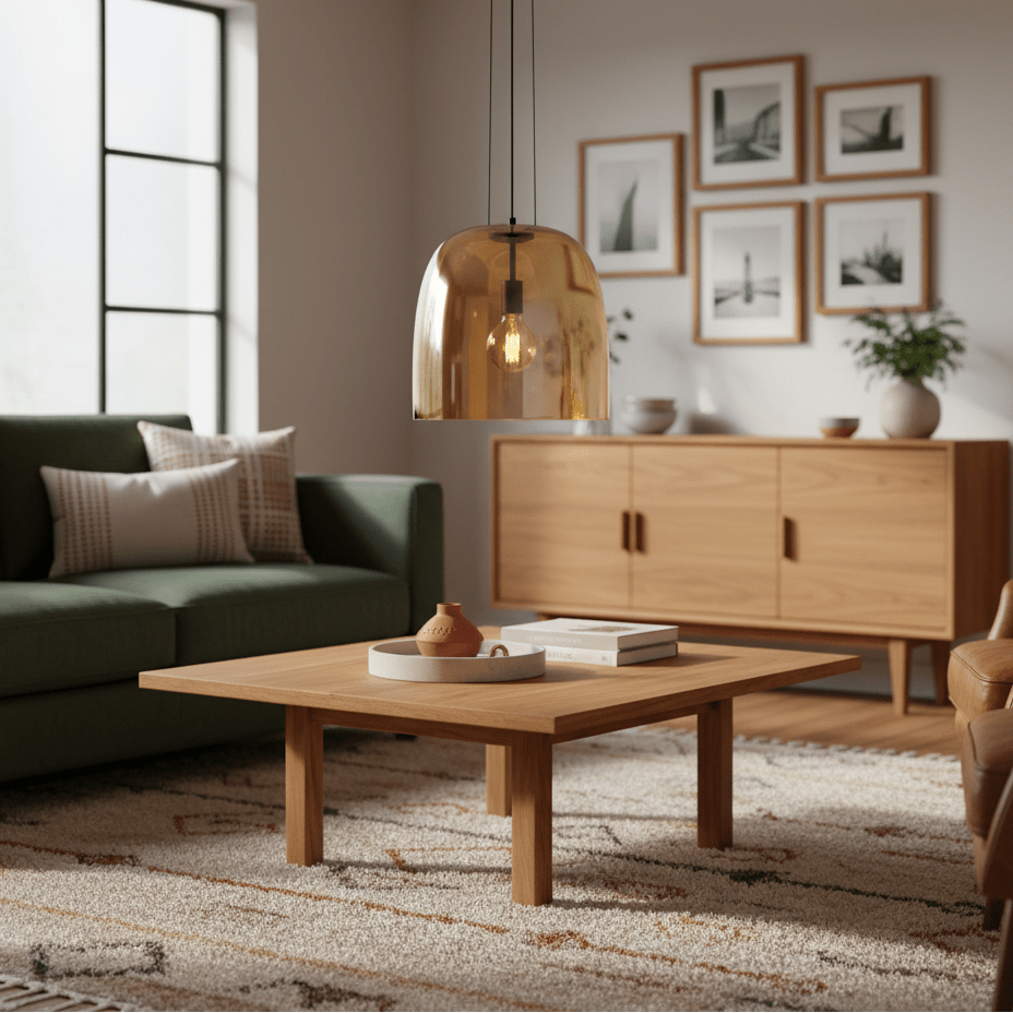 Amber glass dome pendant light hanging above a wooden coffee table in a modern living room setting.