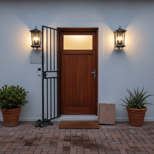 Matt black outdoor wall lights illuminate a wooden door, enhancing the entrance with a warm glow.