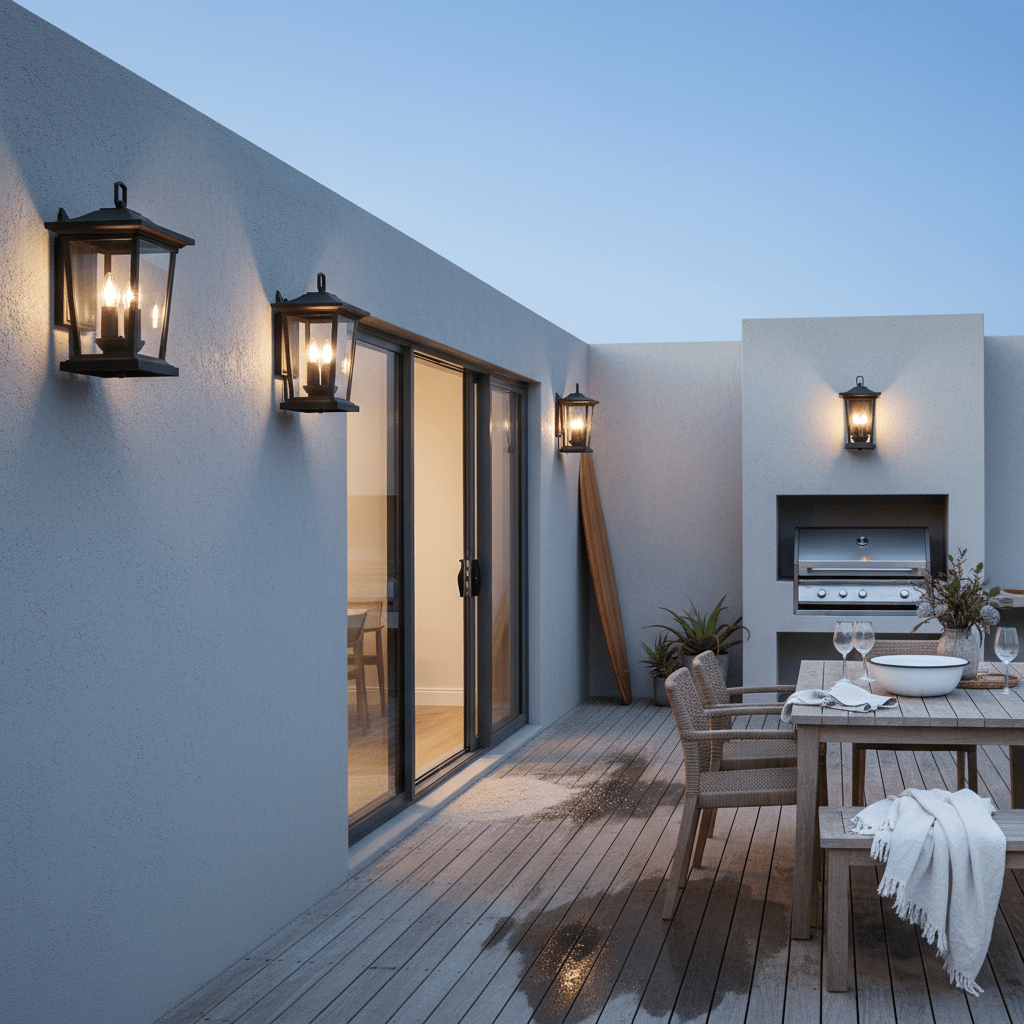 Matt black outdoor wall lights illuminate a stylish patio with dining area and grill.