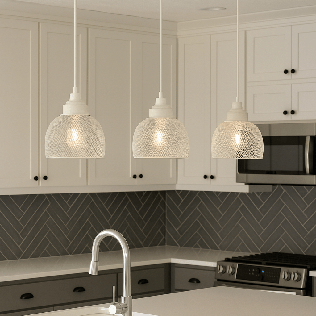 Modern kitchen with pendant lights, sink, and appliances.