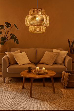 Bamboo rattan pendant light hanging above a cozy living room setting with a sofa and coffee table.