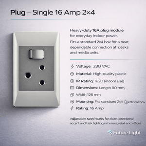 Close-up of a heavy-duty 16A plug socket module installed in a standard 2x4 electrical box, showcasing its sleek design and